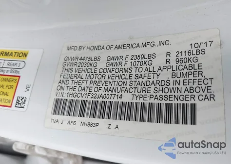 2018 Honda Accord Sport z USA, uszkodzony, nr VIN 1HGCV1F32JA007714